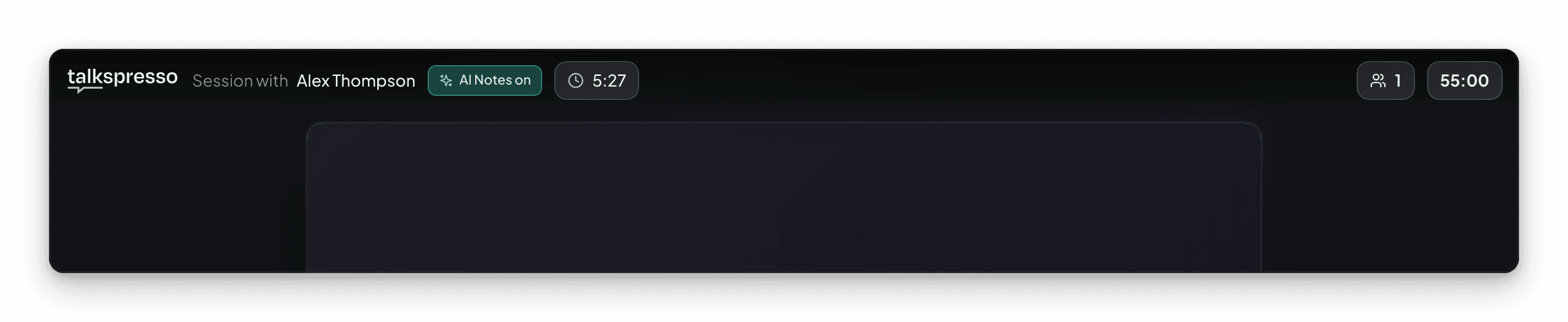 A Talkspresso call in progress with an 'AI Notes on' badge shown in the session header, visible to everyone in the call.
