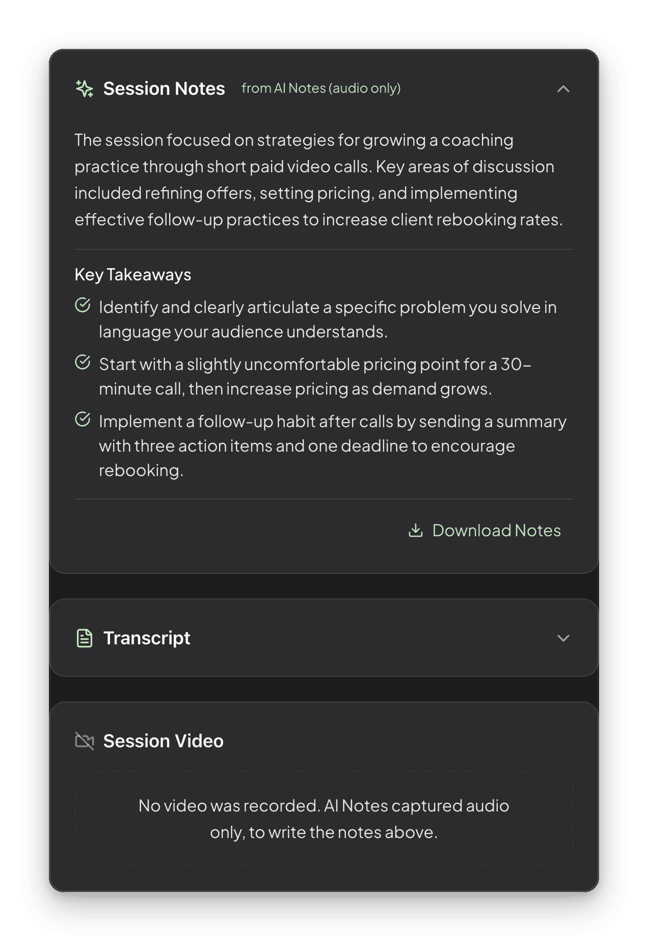 A Talkspresso session summary page showing the Session Notes panel attributed to AI Notes (audio only), key takeaways, a download button, a collapsed transcript, and a card reading that no video was recorded.