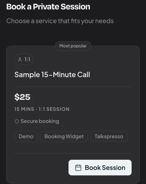Talkspresso demo booking page with a Sample 15-Minute Call for $25 and a Book Session button