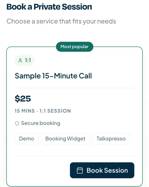 Talkspresso demo booking page with a Sample 15-Minute Call for $25 and a Book Session button